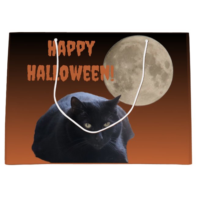 Grand Sac Cadeau Chat noir Pleine lune Halloween (Devant)