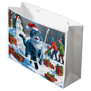 Grand Sac Cadeau Chat Oriental Bleu Assis dans un Chapeau de Noël e