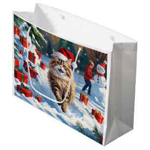 Grand Sac Cadeau Chat Persan Assis dans la Neige avec un Chapeau de