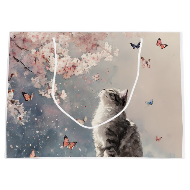 Grand Sac Cadeau Chat Sakura et Papillons (6) (Devant)