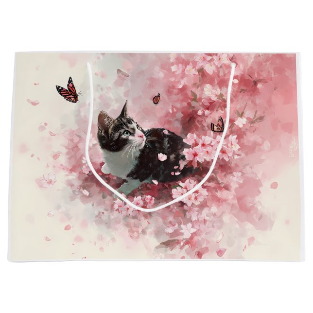 Grand Sac Cadeau Chat Sakura et Papillons (8) (Devant)