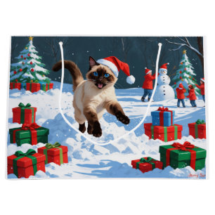 Grand Sac Cadeau Chat siamois courant dans la neige avec un chapeau
