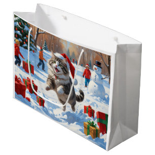 Grand Sac Cadeau Chat Sibérien Courant dans la Neige avec un Chapea