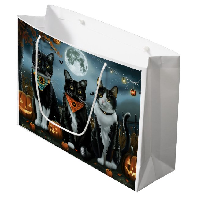 Grand Sac Cadeau Chat Smoking Halloween Effrayant (Devant Angle)