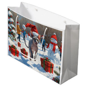 Grand Sac Cadeau Chat Sphynx courant dans la neige avec un chapeau 