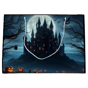 Grand Sac Cadeau Château médiéval sombre, chauves-souris et citroui