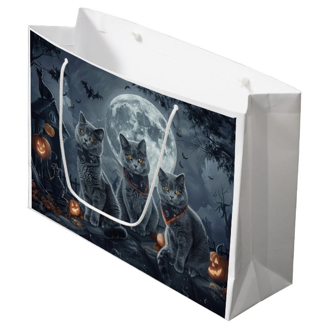 Grand Sac Cadeau Chats Bleus Russe Halloween Éffrayant (Devant Angle)