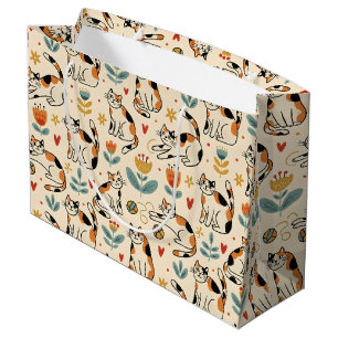 Grand Sac Cadeau Chats calico de style d'art naïf