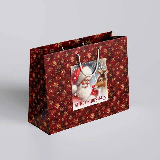 Grand Sac Cadeau Cheerful Classic Santa and Red Nose Rudolph Bag (Cheerful Classic Santa and Red Nose Rudolph Bag)