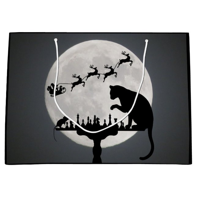 Grand Sac Cadeau Chess Père Noël Pleine lune Chat et jeu de souris  (Devant)
