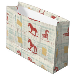 Grand Sac Cadeau Cheval à Bascule Antique Motif Carreaux Sarcelle