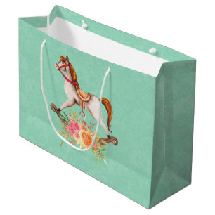 Grand Sac Cadeau Cheval à roche vintage avec Bouquet floral