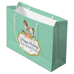 Grand Sac Cadeau Cheval à Rocks vintage avec Bouquet Floral Anniver