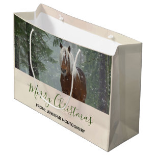Grand Sac Cadeau Cheval Brown pittoresque dans une forêt d'hiver No