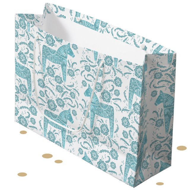 Grand Sac Cadeau Cheval de Dala suédois Turquoise et blanc (Swedish Dala Horse folk art pattern teal green and white large gift bag)