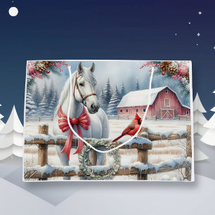 Grand Sac Cadeau Cheval de Noël blanc et cardinal