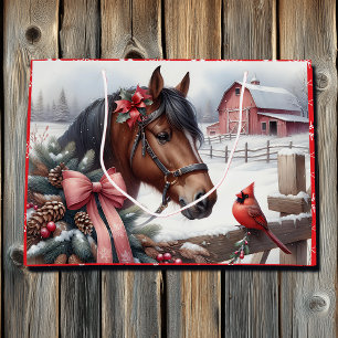 Grand Sac Cadeau Cheval de Noël Brown et cardinal