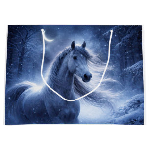 Grand Sac Cadeau Cheval et Belle Lune d'Hiver