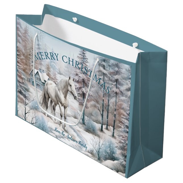 Grand Sac Cadeau Cheval hiver scène neige forêt Noël (Devant Angle)