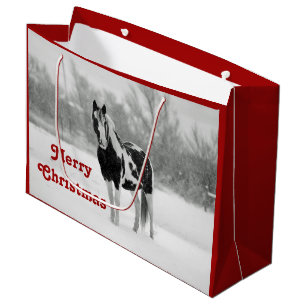 Grand Sac Cadeau Cheval noir et blanc Photo neige Noël