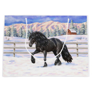 Grand Sac Cadeau Cheval Noir Friésien En Neige