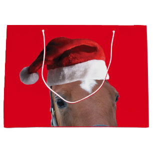 Grand Sac Cadeau Cheval portant un Casquette du Père Noël