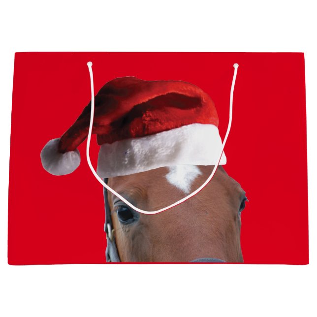 Grand Sac Cadeau Cheval portant un Casquette du Père Noël (Devant)