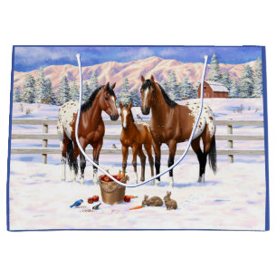 Grand Sac Cadeau Chevaux Appaloosa De Baie Brown En Neige