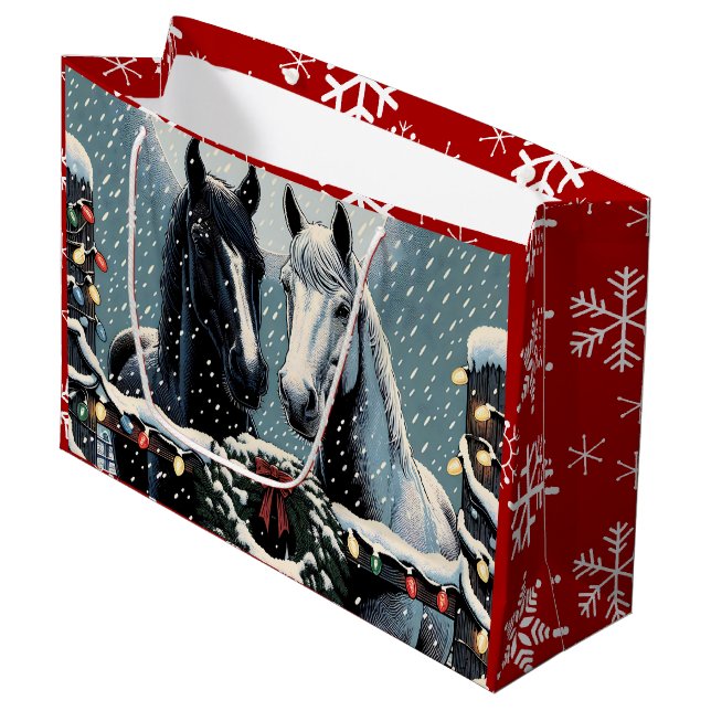Grand Sac Cadeau Chevaux de fête | Joyeux Noël (Devant Angle)