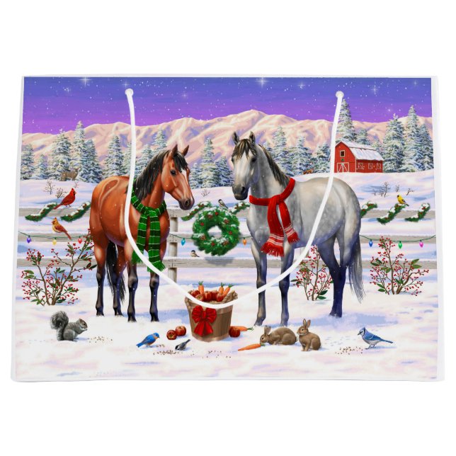 Grand Sac Cadeau Chevaux de Noël en neige (Devant)
