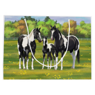 Grand Sac Cadeau Chevaux De Peinture De Pinto Noir En Pâturage Été
