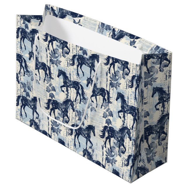 Grand Sac Cadeau Chevaux de Toile Bleu foncé sans couture (Devant Angle)