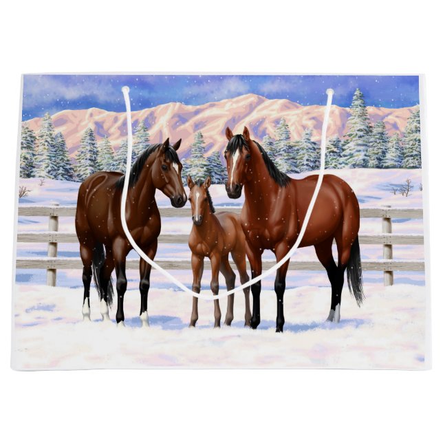 Grand Sac Cadeau Chevaux Du Quartier De La Baie Brown En Neige (Devant)
