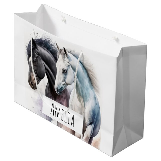 Grand Sac Cadeau Chevaux noir et blanc en aquarelle (Devant Angle)