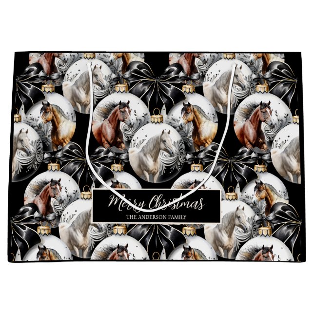 Grand Sac Cadeau Chevaux noir et or Citation de Noël (Devant)