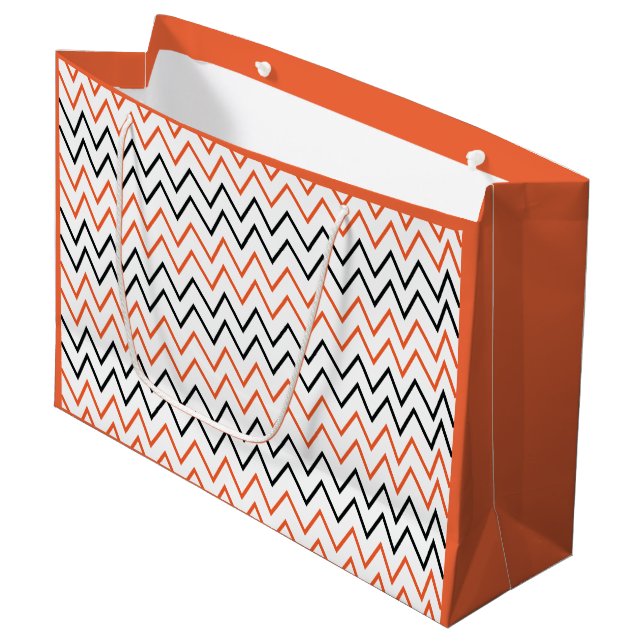 Grand Sac Cadeau Chevron Zigzag Orange Noir (Devant Angle)