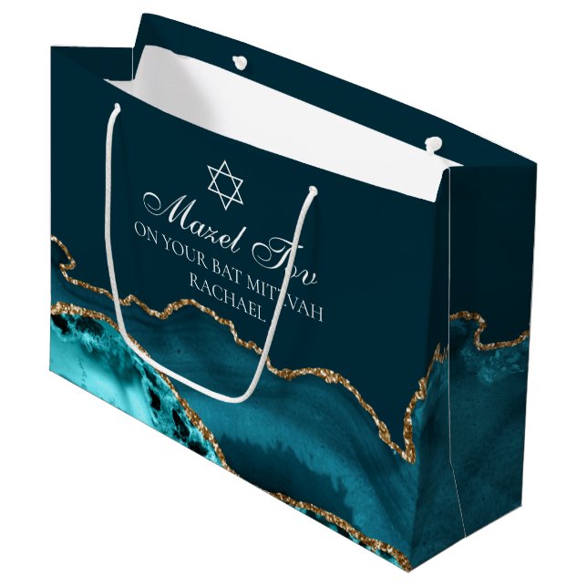 Grand Sac Cadeau Chic Custom Bat mitzvah Mazel Tov Turquoise Gold (Devant Angle)