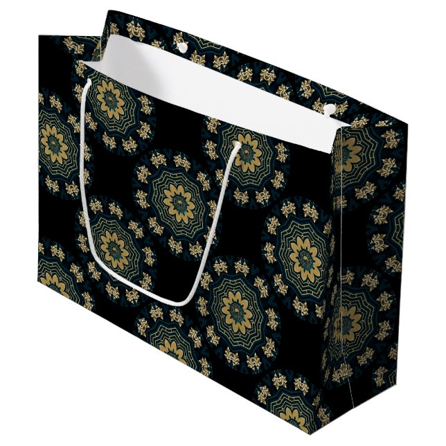 Grand Sac Cadeau Chic Gold & Green Asian Style Motif (Devant Angle)