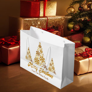 Grand Sac Cadeau Chic Gold Snowflakes Arbre de Noël Personnalisé