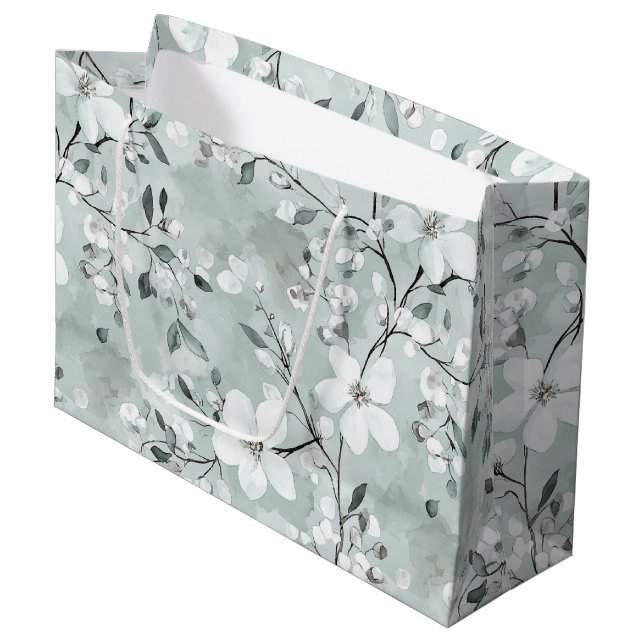 Grand Sac Cadeau Chic Gris Blanc Bleu Floral Fête de Mariage (Devant Angle)