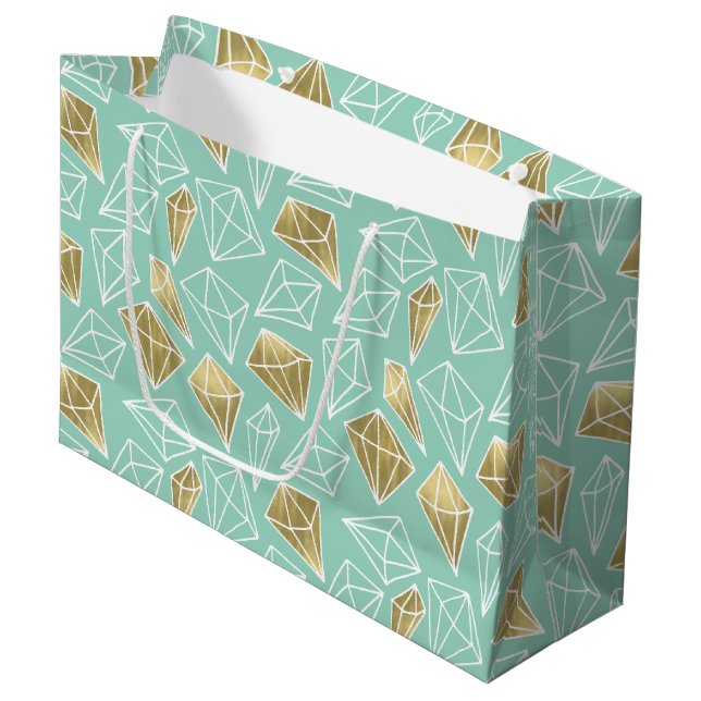 Grand Sac Cadeau Chic Mint Gold Diamonds Anniversaire (Devant Angle)