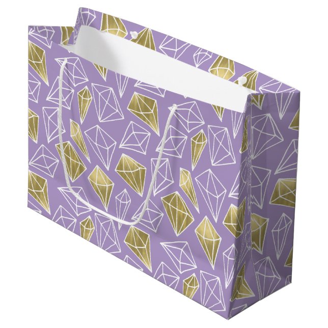 Grand Sac Cadeau Chic Purple Diamants Or Anniversaire (Devant Angle)