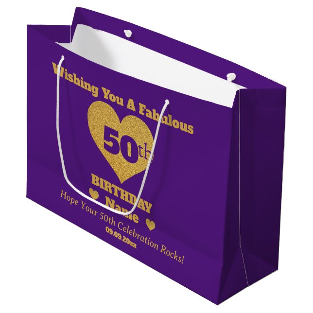 Grand Sac Cadeau Chic Purple & Gold Parties scintillant Coeurs 50e  (Devant Angle)