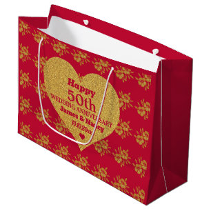 Grand Sac Cadeau Chic Red & Gold Floral 50e anniversaire de Mariage