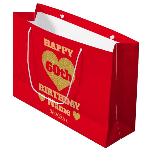 Grand Sac Cadeau Chic Red & Gold Parties scintillant Coeur heureux  (Devant Angle)