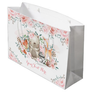 Grand Sac Cadeau Chic Rose Bois Animaux Bébé Fille Anniversaire