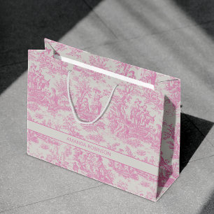Grand Sac Cadeau Chic Vintage Bébé Rose Toile De Jouy Design
