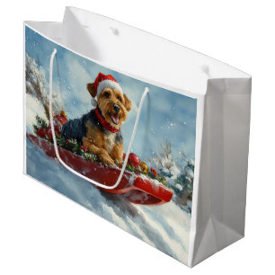 Grand Sac Cadeau Chien Airedale en traîneau Qu'il neige Noël