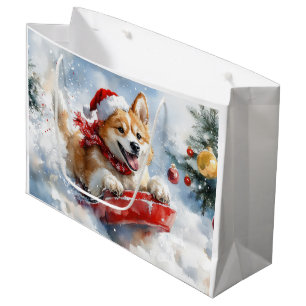 Grand Sac Cadeau Chien Akita dans un traîneau Laissez tomber la nei
