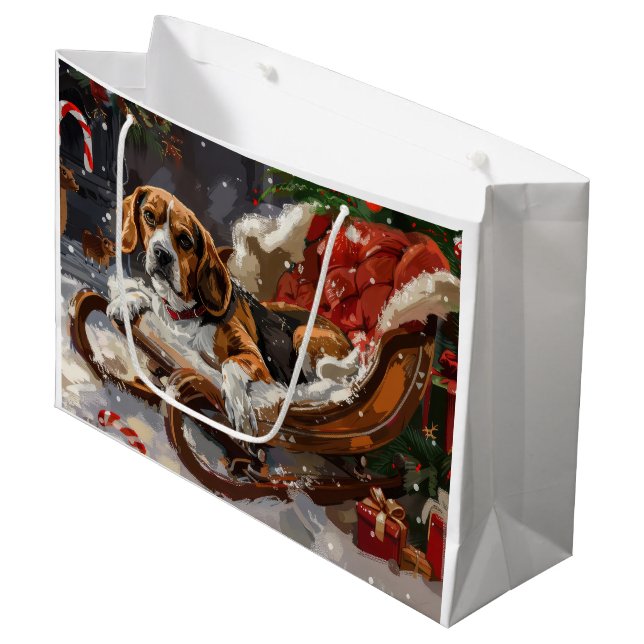 Grand Sac Cadeau Chien Beagle Noël Festif (Devant Angle)
